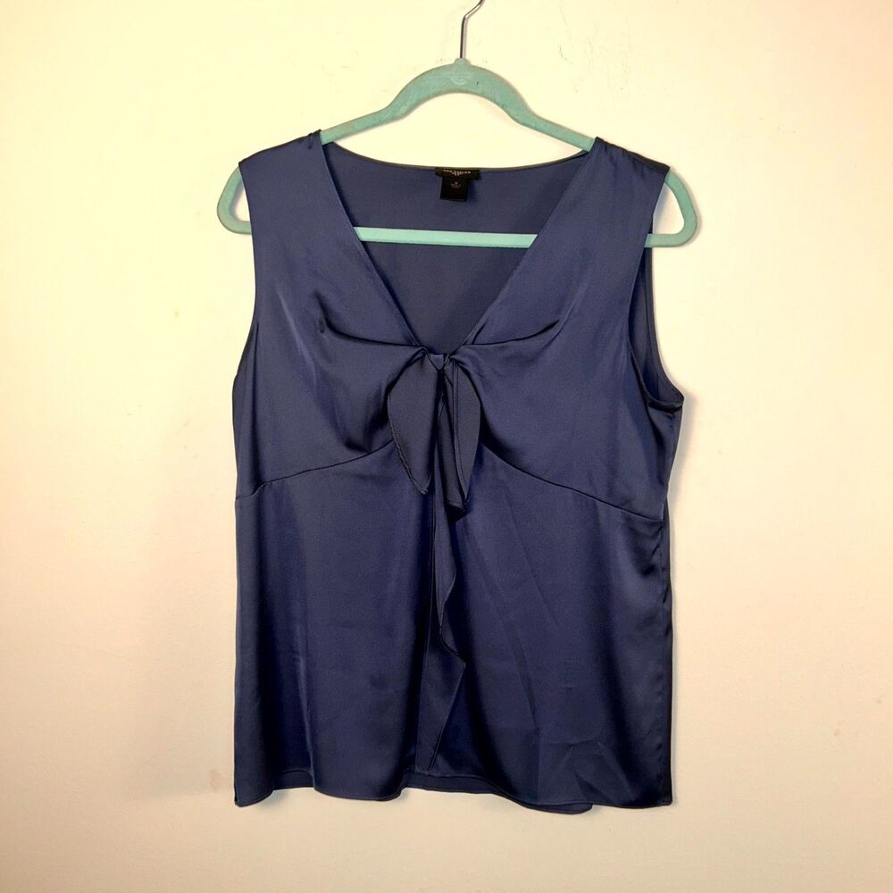 Ann Taylor Blouse Top Womens Medium Blue Stretch Satin Bow Front V-Neck Outdoor